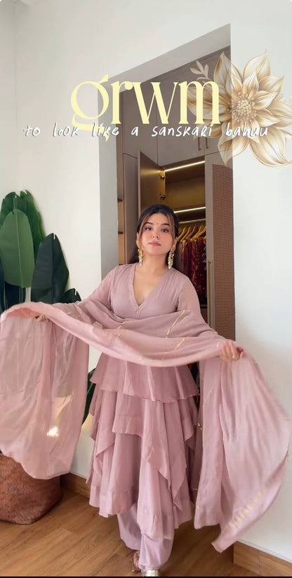 Dusty Pink Mal Chanderi Ruffle Layered Suit Set with Sharara Palazzo