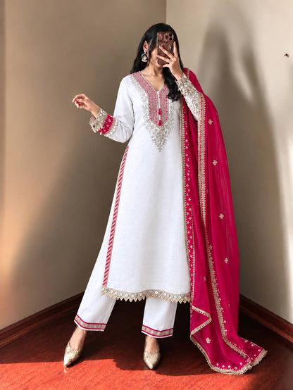 Pure Chinon Kurti Pant Set with Real Mirror & Moti Work – White & Pink