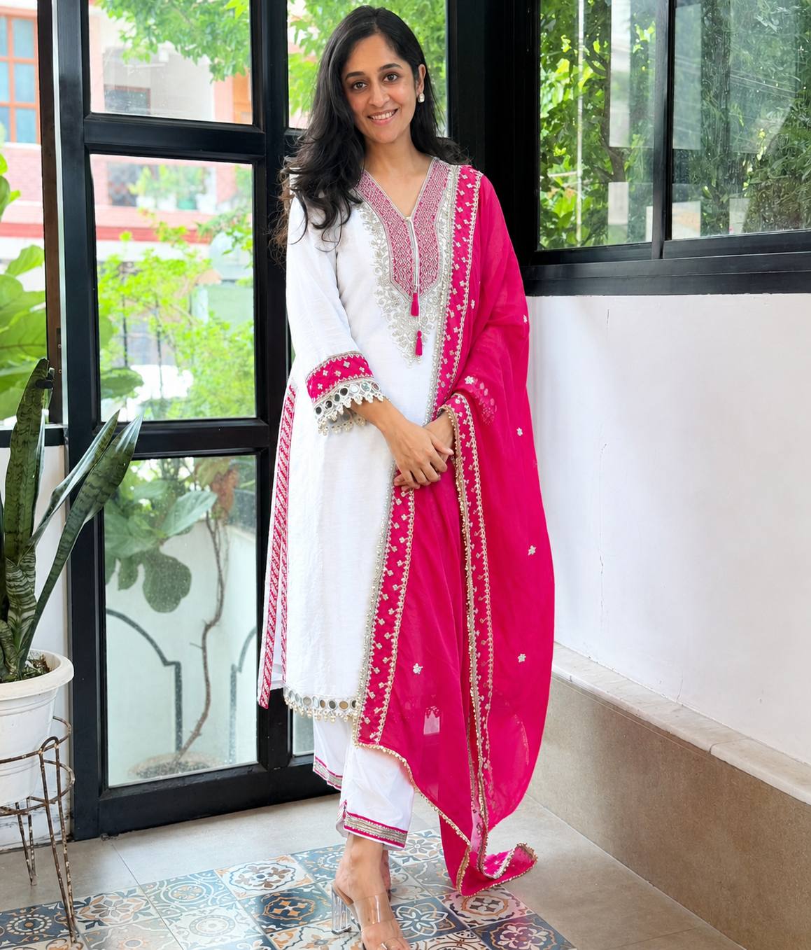 Pure Chinon Kurti Pant Set with Real Mirror & Moti Work – White & Pink