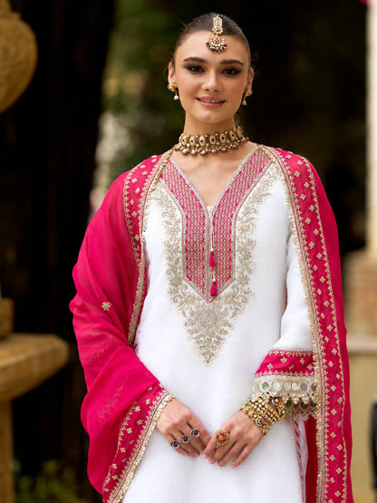 Pure Chinon Kurti Pant Set with Real Mirror & Moti Work – White & Pink