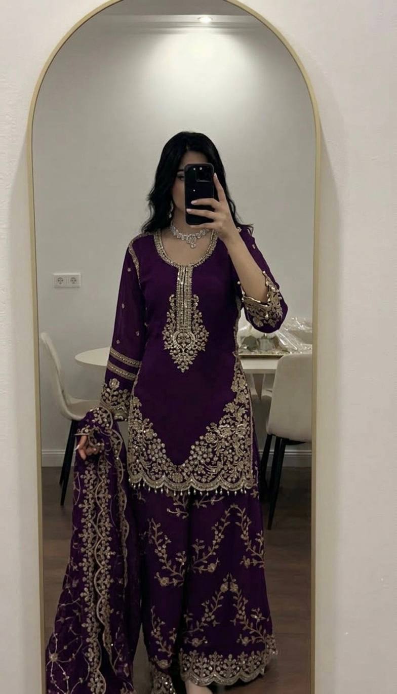 Heavy Embroidered Sharara Palazzo Suit Set – Available in 3 Colors