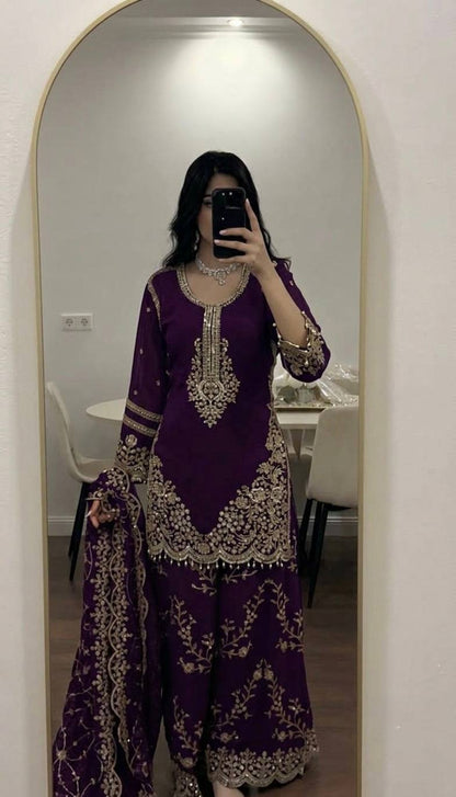 Heavy Embroidered Sharara Palazzo Suit Set – Available in 3 Colors