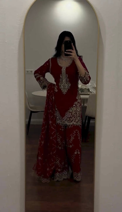 Heavy Embroidered Sharara Palazzo Suit Set – Available in 3 Colors
