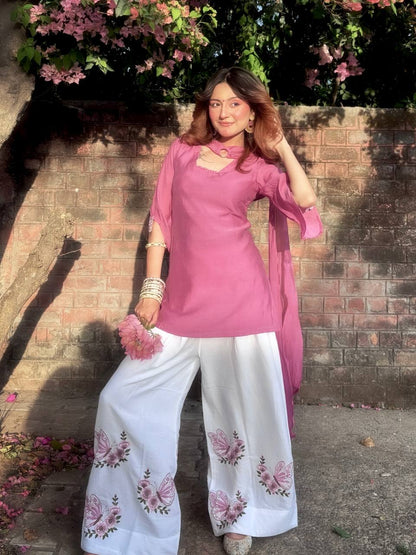 Pink & White Butterfly Print Palazzo Set with Tassel Sleeves
