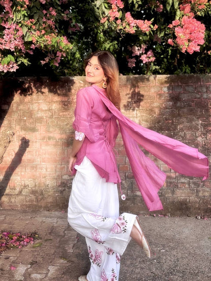 Pink & White Butterfly Print Palazzo Set with Tassel Sleeves