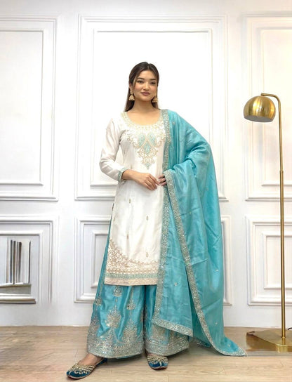 Pure Chinon Silk Embroidered Suit Set with Mirror Work Palazzo – Sky Blue & Maroon
