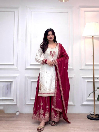 Pure Chinon Silk Embroidered Suit Set with Mirror Work Palazzo – Sky Blue & Maroon