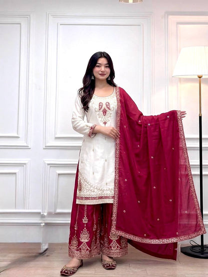 Pure Chinon Silk Embroidered Suit Set with Mirror Work Palazzo – Sky Blue & Maroon