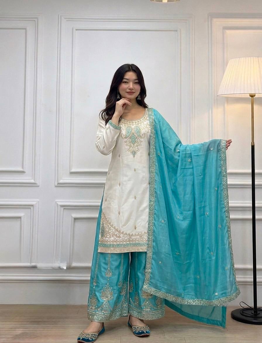 Pure Chinon Silk Embroidered Suit Set with Mirror Work Palazzo – Sky Blue & Maroon