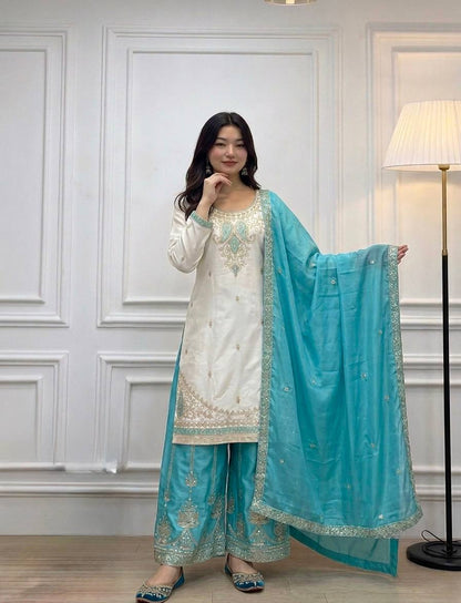 Pure Chinon Silk Embroidered Suit Set with Mirror Work Palazzo – Sky Blue & Maroon