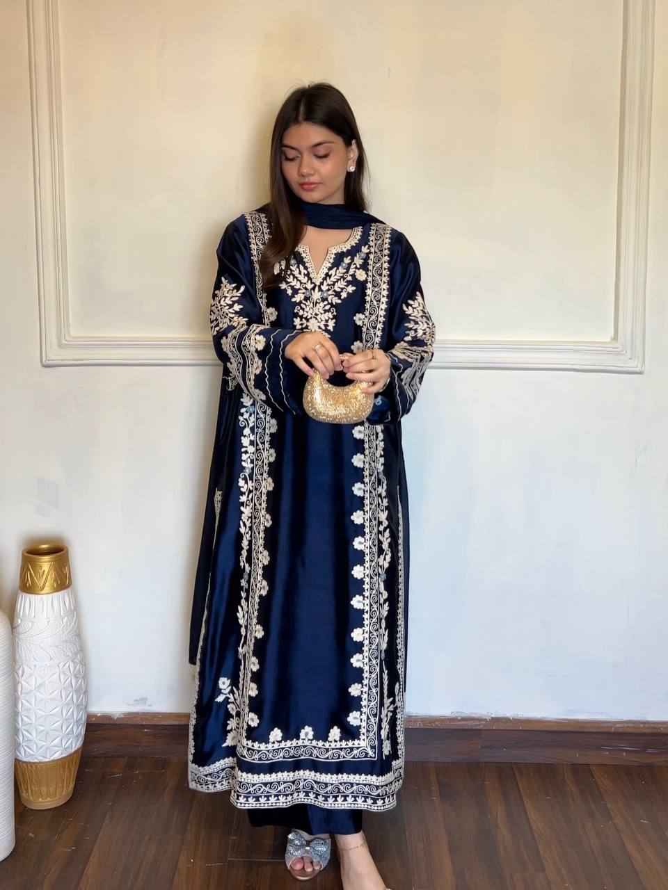 Pure Satin Rayon Kaftan Suit with White Floral Embroidery – Navy Blue
