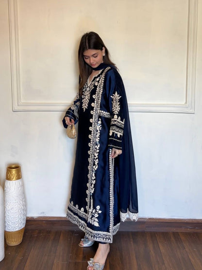Pure Satin Rayon Kaftan Suit with White Floral Embroidery – Navy Blue