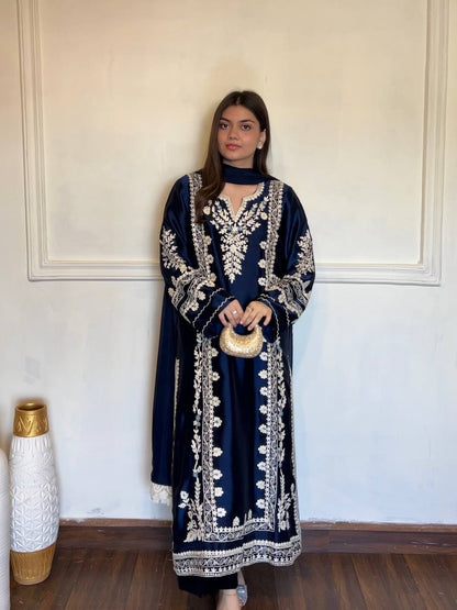 Pure Satin Rayon Kaftan Suit with White Floral Embroidery – Navy Blue