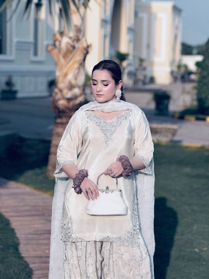 Pure Natural Crepe Kurti Set with Sequence Embroidery & Farshi Plazzo