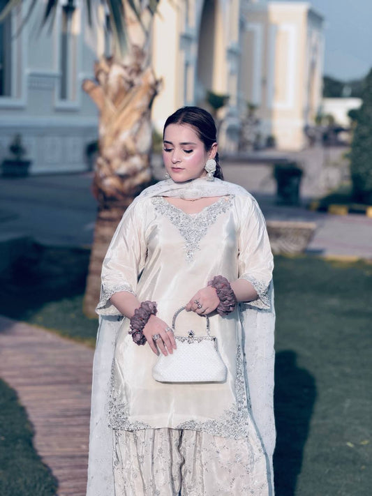 Pure Natural Crepe Kurti Set with Sequence Embroidery & Farshi Plazzo