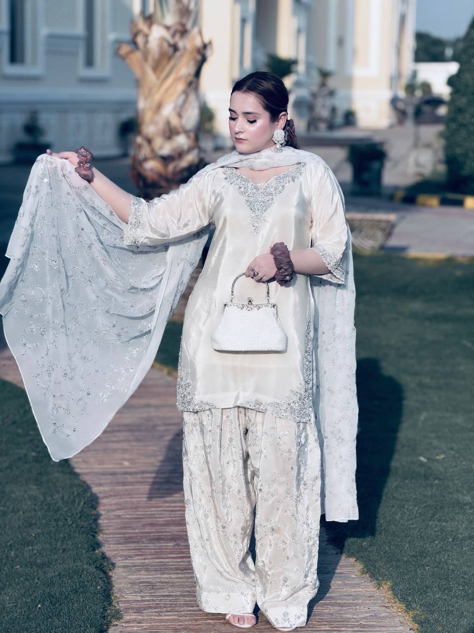 Pure Natural Crepe Kurti Set with Sequence Embroidery & Farshi Plazzo