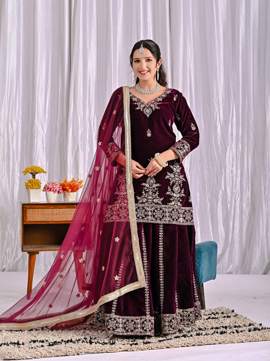 Fully Stitched Maroon Velvet Sharara Palazzo Set with Butterfly Net Dupatta