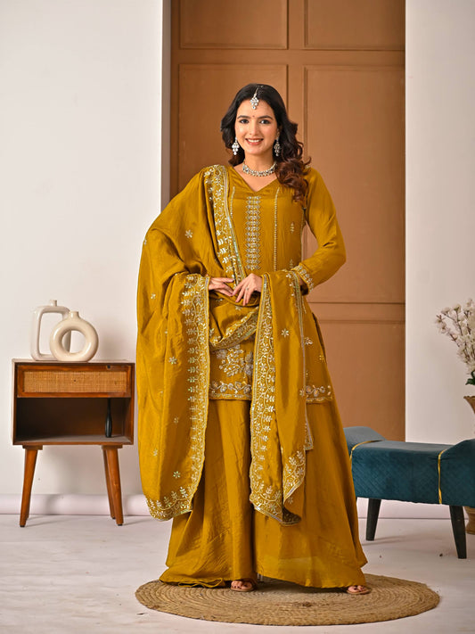 Mustard Yellow NC Vichitra Sharara Set with Bits Hand Work