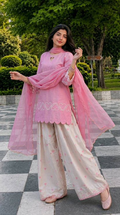 Heart Embroidered Sharara Suit Set – Available in 2 Colors