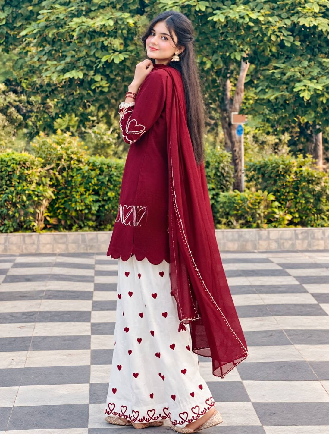 Heart Embroidered Sharara Suit Set – Available in 2 Colors