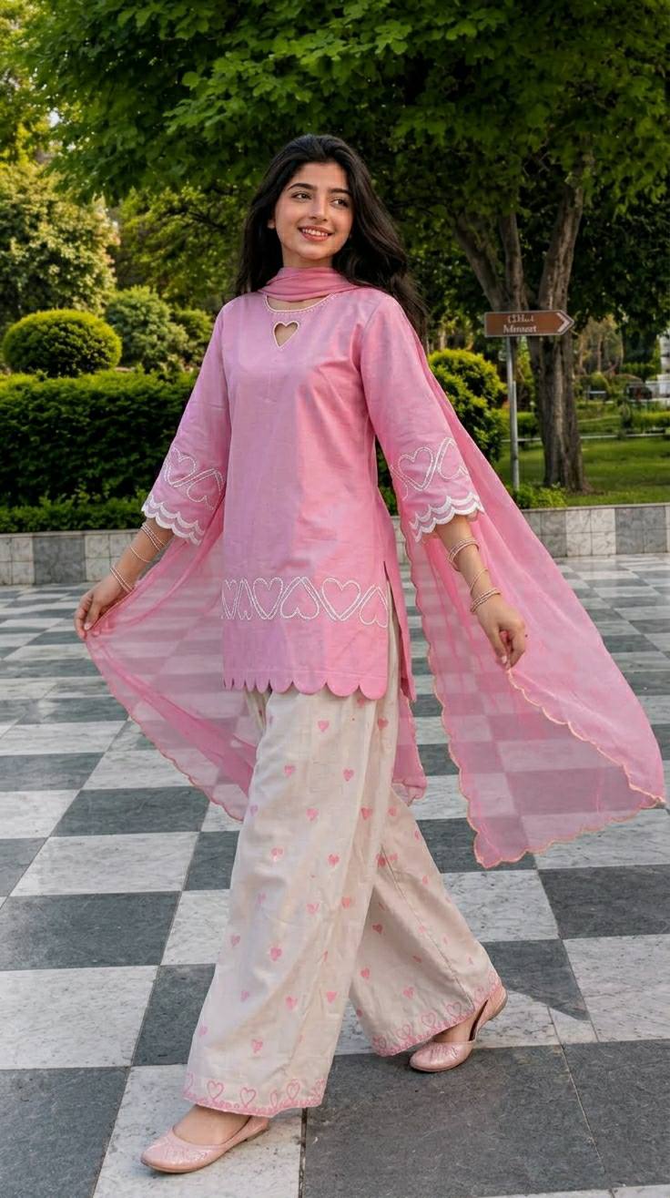 Heart Embroidered Sharara Suit Set – Available in 2 Colors