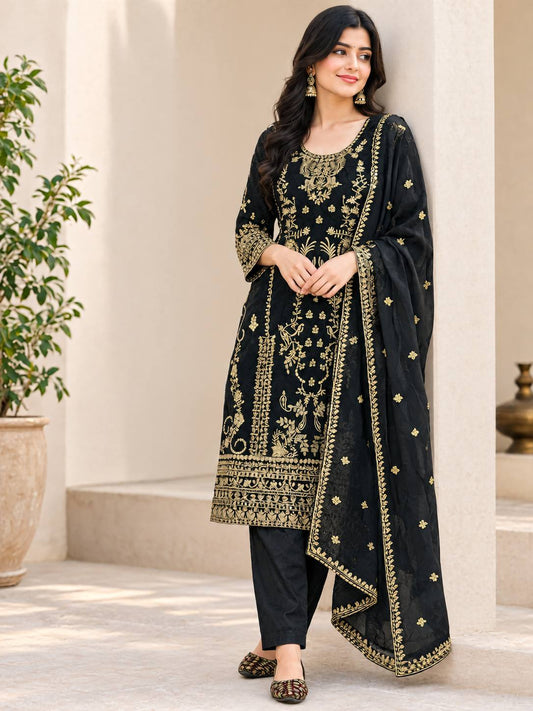 Black Korean Satin Silk Suit Set with Gold Sequence Embroidery