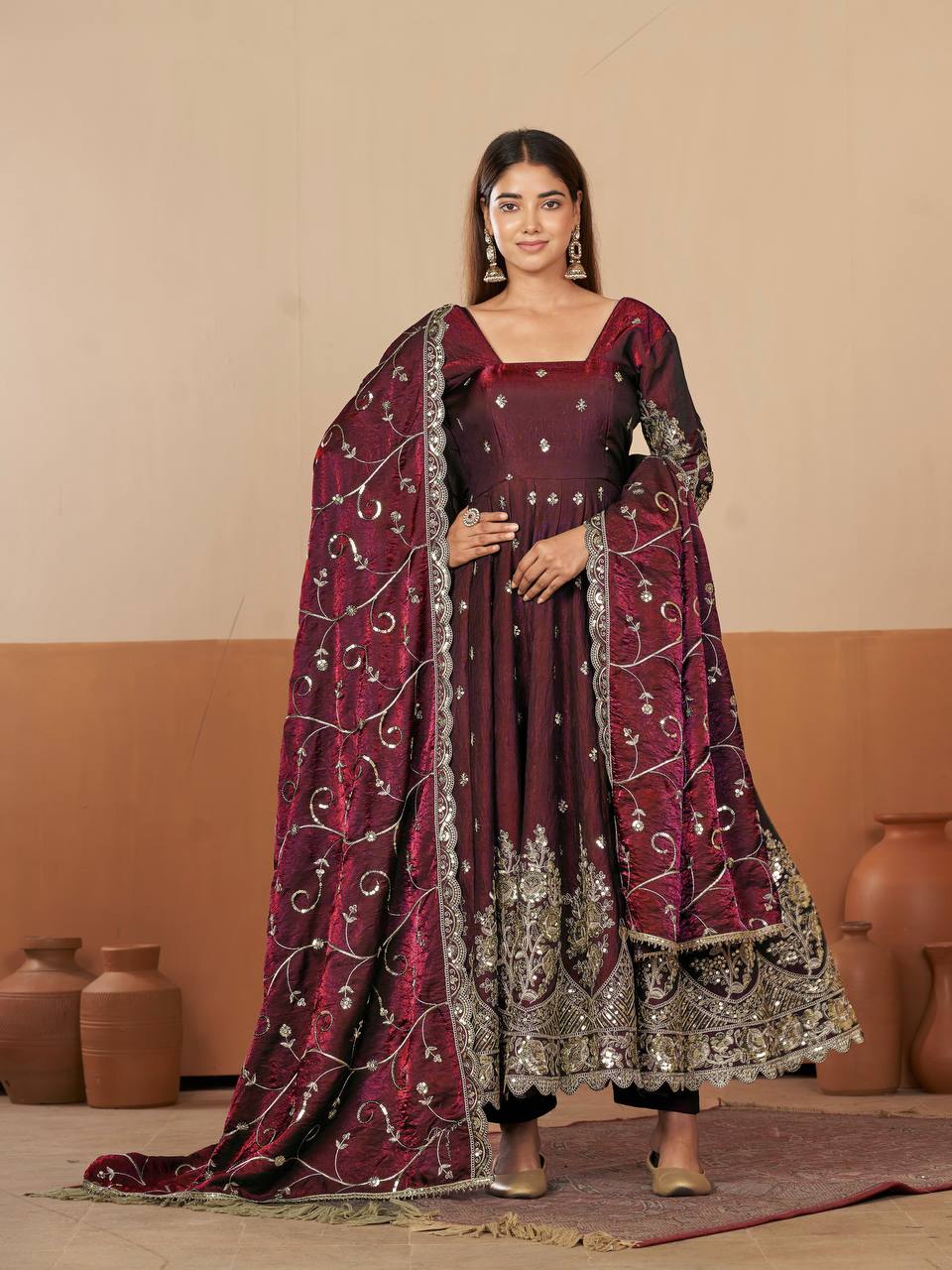 Heavy Jelly Shimmer Silk Anarkali with Coding & Sequins Work – 09 Color Options