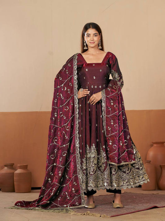 Heavy Jelly Shimmer Silk Anarkali with Coding & Sequins Work – 09 Color Options