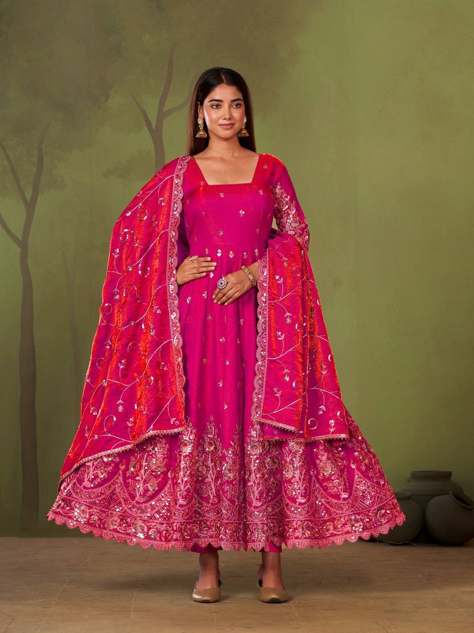 Heavy Jelly Shimmer Silk Anarkali with Coding & Sequins Work – 09 Color Options
