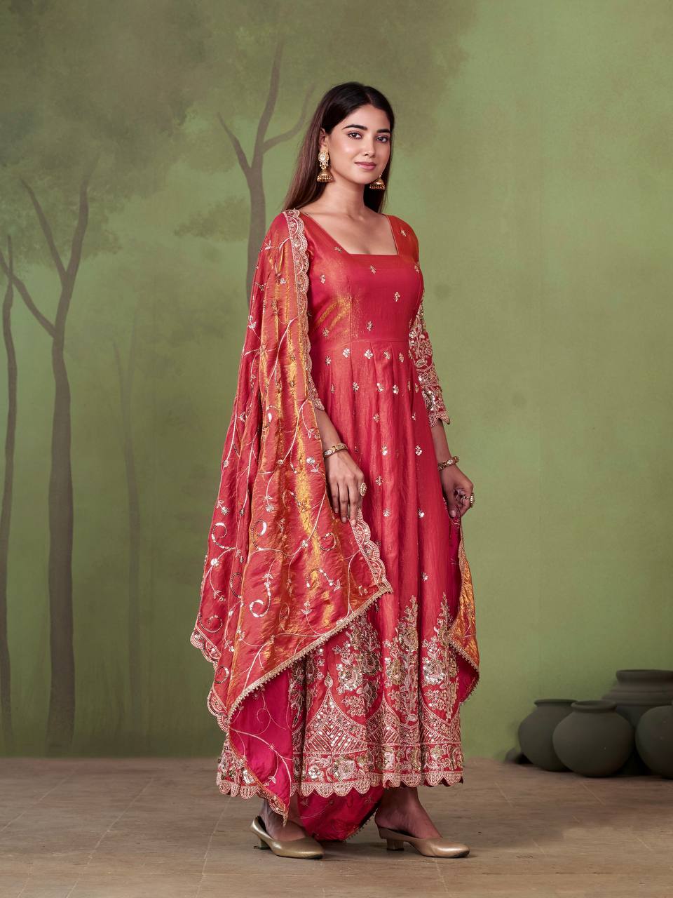 Heavy Jelly Shimmer Silk Anarkali with Coding & Sequins Work – 09 Color Options