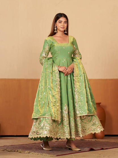 Heavy Jelly Shimmer Silk Anarkali with Coding & Sequins Work – 09 Color Options