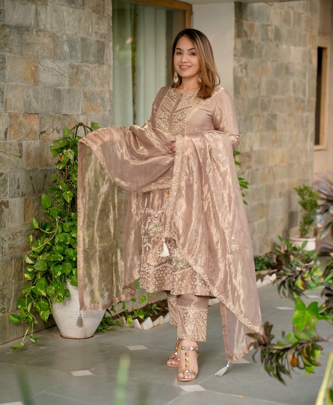 Fully Stitched Rose Gold Kurta Pant Set with Heavy Embroidery & Lace Border Dupatta