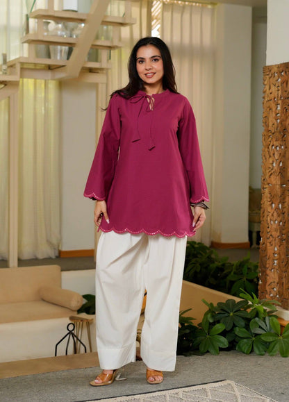 Roman Silk Short Kurti Set with Sequence Embroidery-3 Color Options