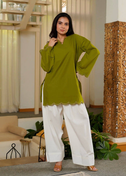 Roman Silk Short Kurti Set with Sequence Embroidery-3 Color Options