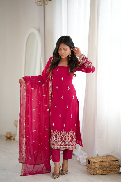Faux Georgette Kurta Pant Set with Thread & Bead Work – Rani Pink