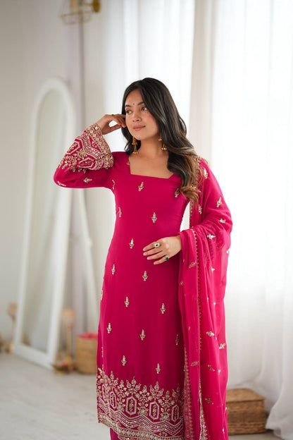 Faux Georgette Kurta Pant Set with Thread & Bead Work – Rani Pink