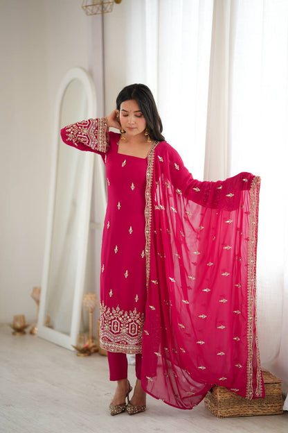Faux Georgette Kurta Pant Set with Thread & Bead Work – Rani Pink