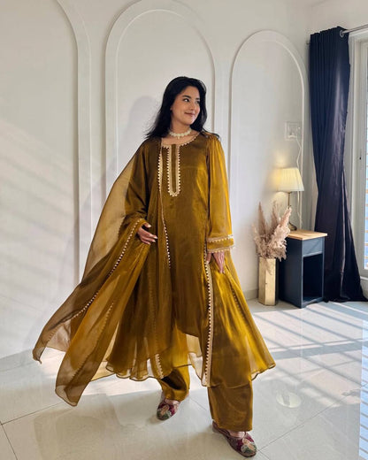 Olive Mustard Chiffon Burberry Silk Gown Set with Lace Border