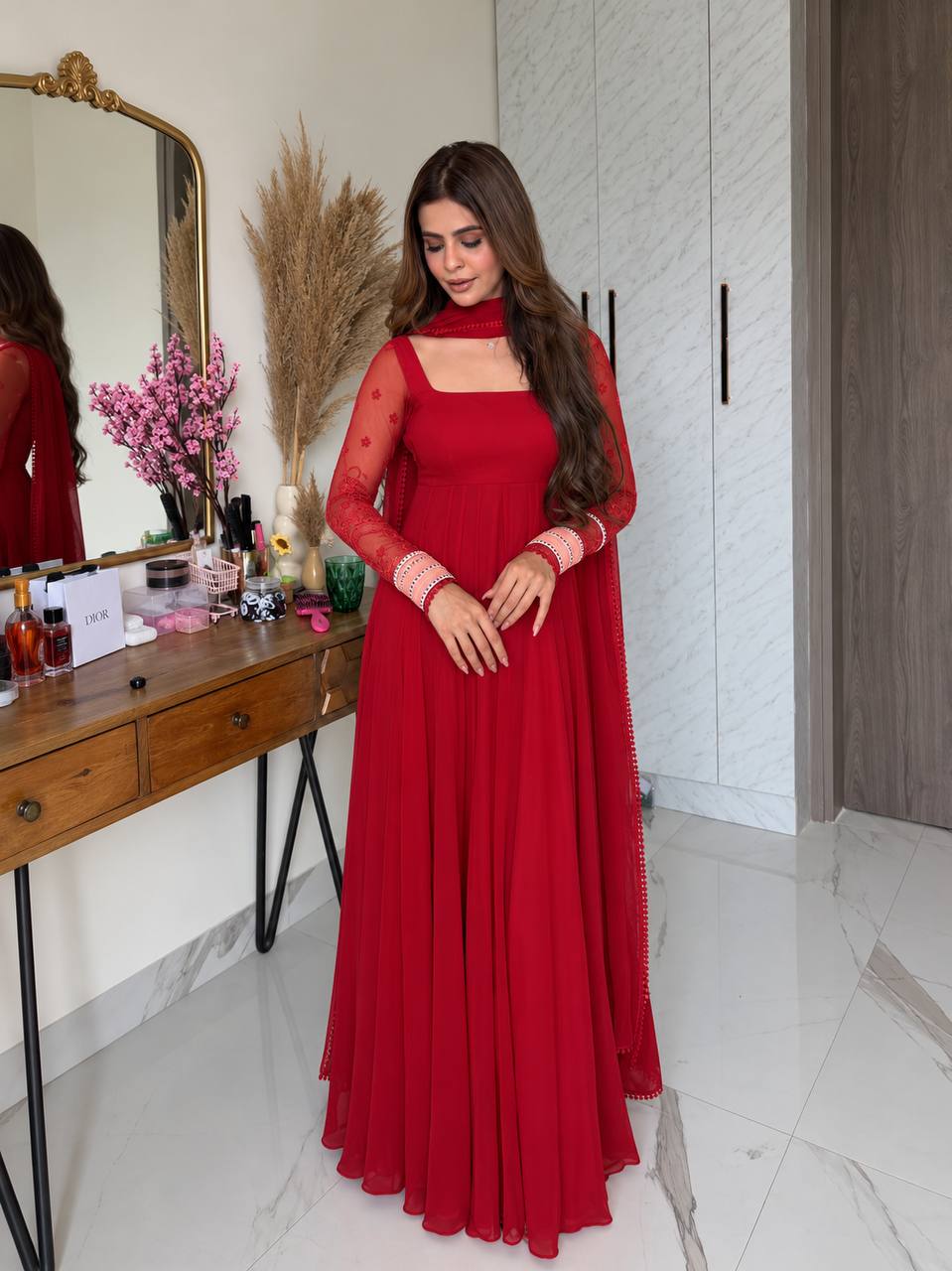Pure Faux Georgette Flared Maxi Gown with Embroidered Net Sleeves – Red & Yellow