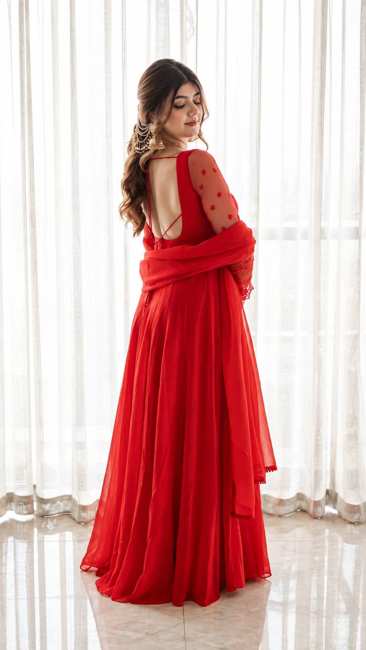 Pure Faux Georgette Flared Maxi Gown with Embroidered Net Sleeves – Red & Yellow