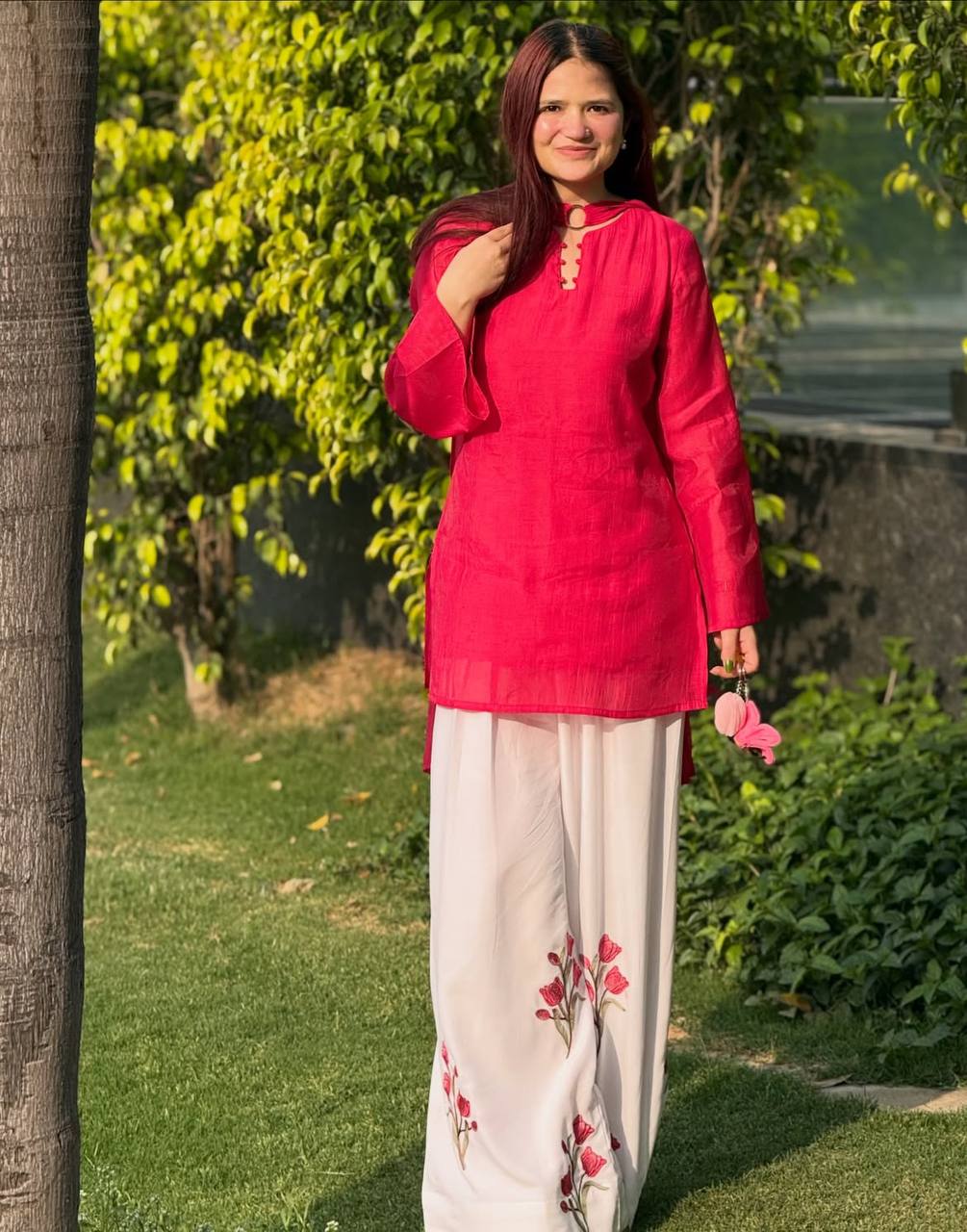 Pink Mal Chanderi Kurti with Floral Embroidered Palazzo Set