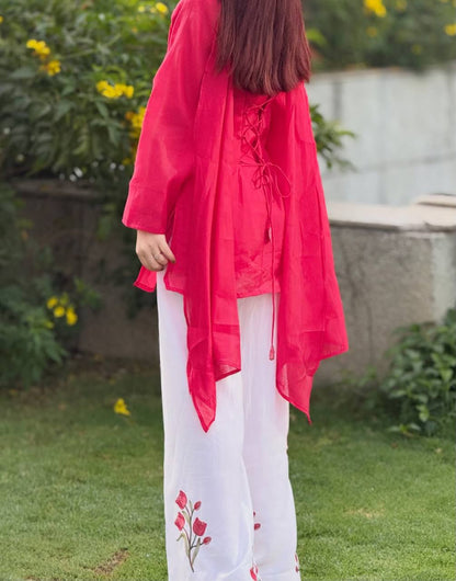 Pink Mal Chanderi Kurti with Floral Embroidered Palazzo Set