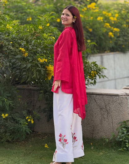 Pink Mal Chanderi Kurti with Floral Embroidered Palazzo Set