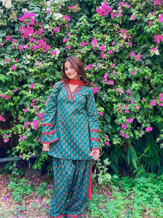 Teal & Red Printed Co-ord Set with Nazmin Dupatta