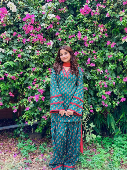 Teal & Red Printed Co-ord Set with Nazmin Dupatta