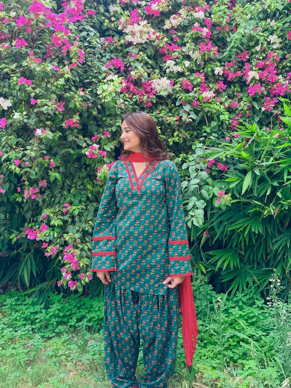Teal & Red Printed Co-ord Set with Nazmin Dupatta