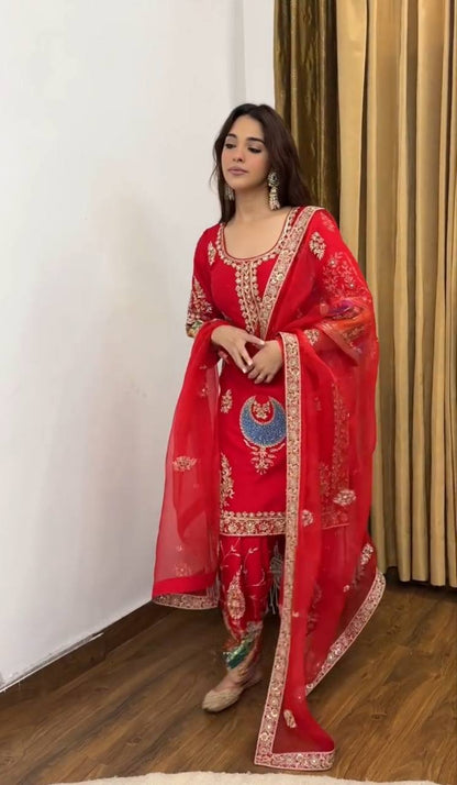 Heavy Natural Crepe Silk Kurta Pant Set with Net Embroidered Dupatta