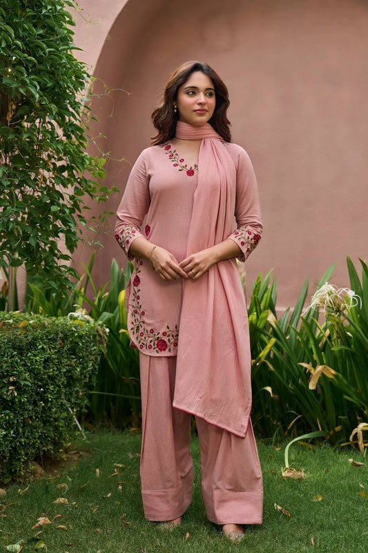 Mal Chanderi Cotton Suit Set with Rose Embroidery-3 Colors