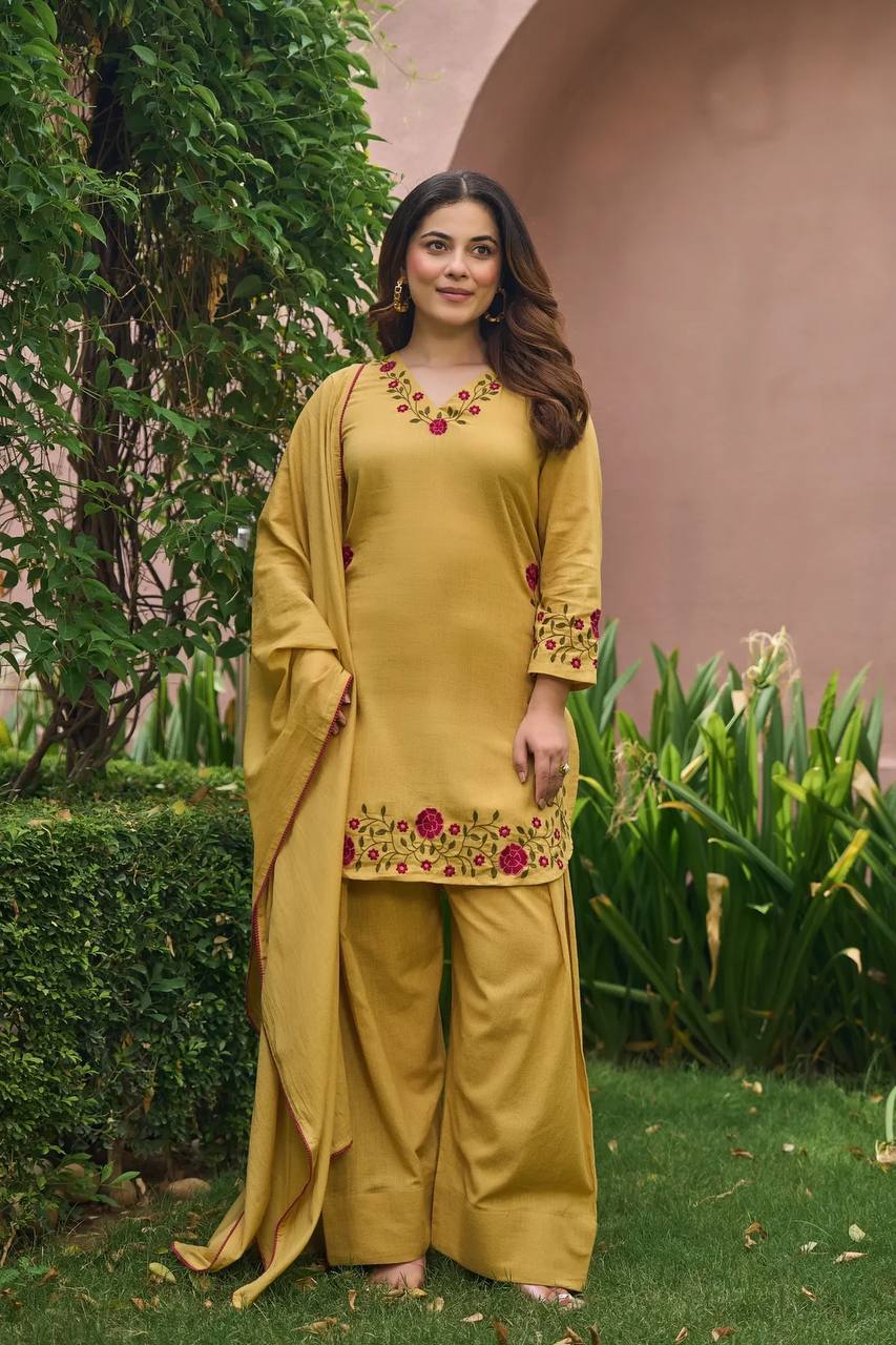 Mal Chanderi Cotton Suit Set with Rose Embroidery-3 Colors