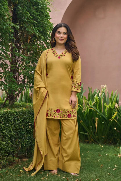 Mal Chanderi Cotton Suit Set with Rose Embroidery-3 Colors